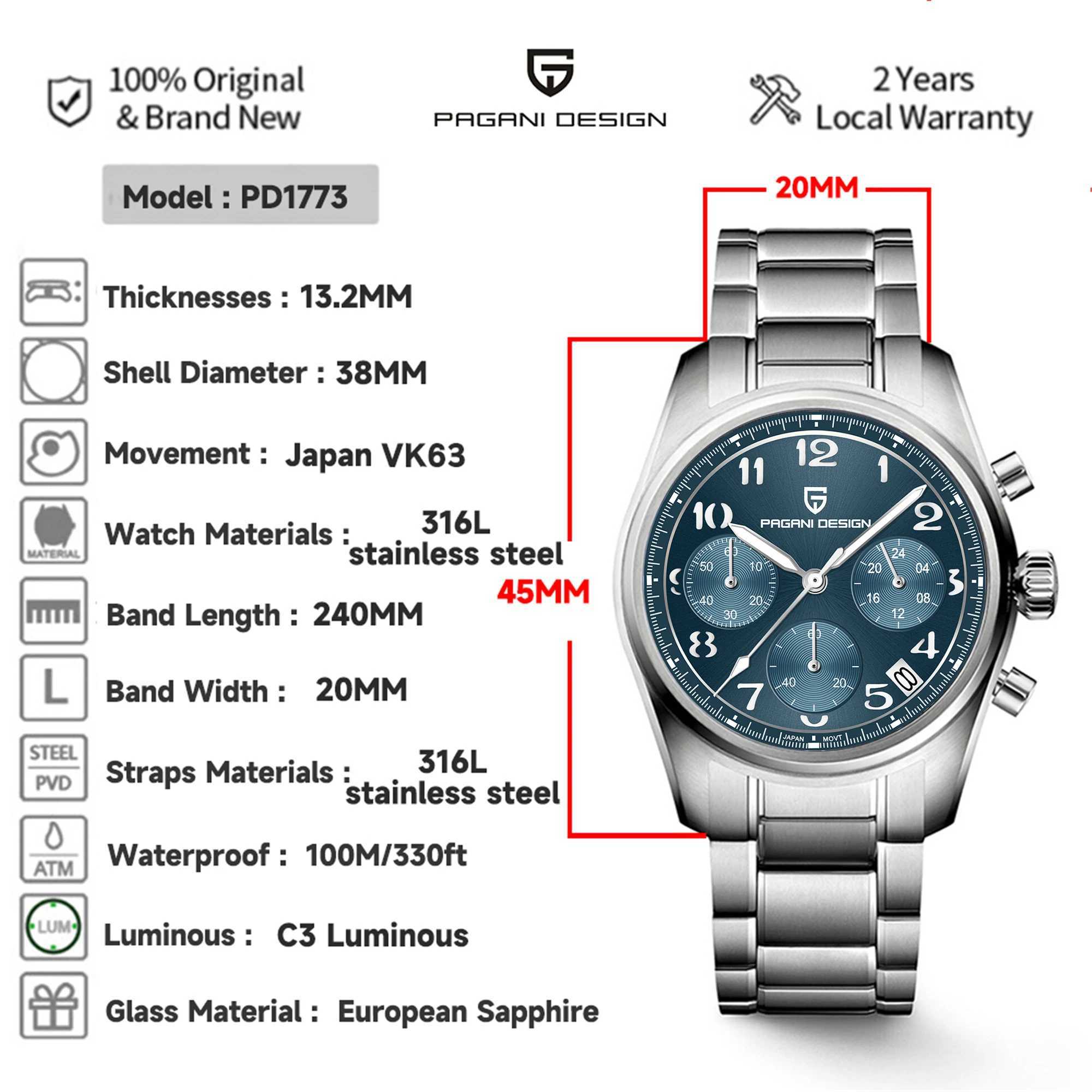 Другие часы PAGANI SIGN PD1773 2023 Новые мужские кварцевые спортивные часы VK63 Сапфировый водонепроницаемый хронограф J240131