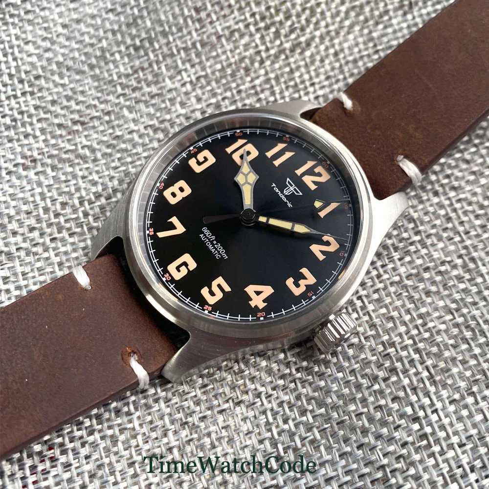 Другие часы NH35A Tandorio 200m Водонепроницаемые винтажные автоматические мужские часы 39 мм Черный циферблат С сапфировым стеклом Кожаный ремешок Светящийся J240131