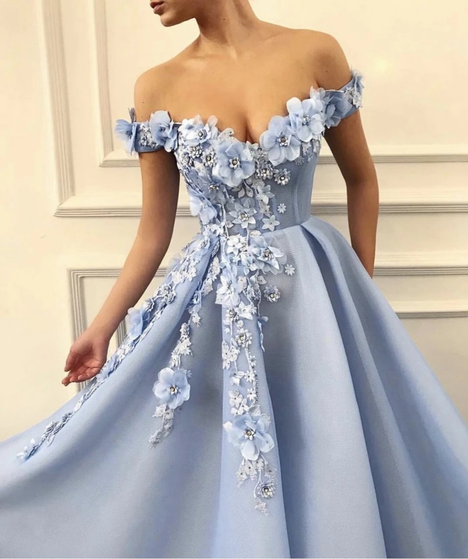 Light Sky Blue A Line Prom Dresses Beautiful 3D Flowers Lace Beaded Formal Gowns Women Plus Size Sexy Off The Shoulder Second Recetion Dress Evening Vestidos CL3269