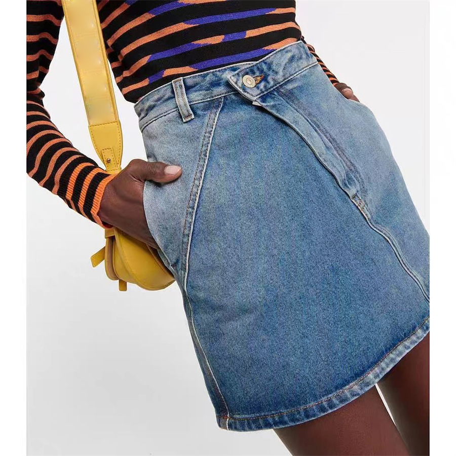 Damen-Jeansrock, Designer-Rock in A-Linie mit hoher Taille, klassischer Trend, amerikanische Waschung, Vintage-Stickerei auf der Gesäßtasche