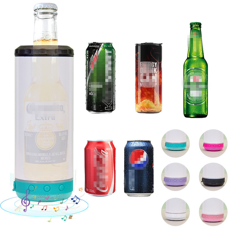 16oz 4 i 1 Can Cooler Cups SubliMation Blanks Musik Staka tumlare Två lock Rostfritt stål Vakuumisolerad flaska med vattentät trådlös Bluetooth -högtalare