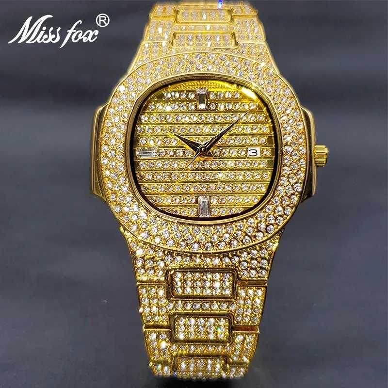 Outros relógios Missfox Relógios de ouro para homem clássico quadrado hip hop tendência mens relógio de luxo elegante relógio de diamante com calendário dropshipping j240131