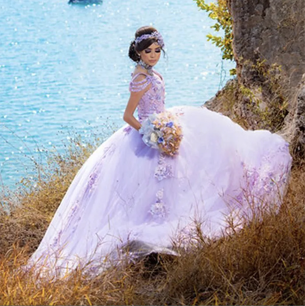 Lavanda princesa quinceanera vestidos de baile renda applqiues doce 16 vestido tribunal trem vestidos de 15 anos