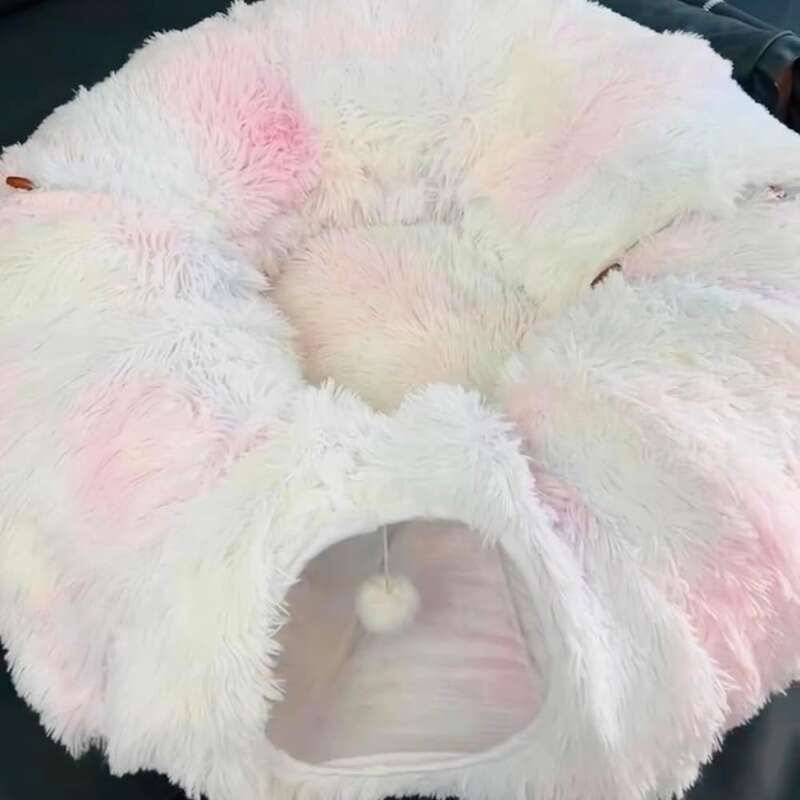 Fluffy Donut Cat Bed with Tunnel and Peephole   Medium  Blue  Plush for Winter  Christmas Gift
