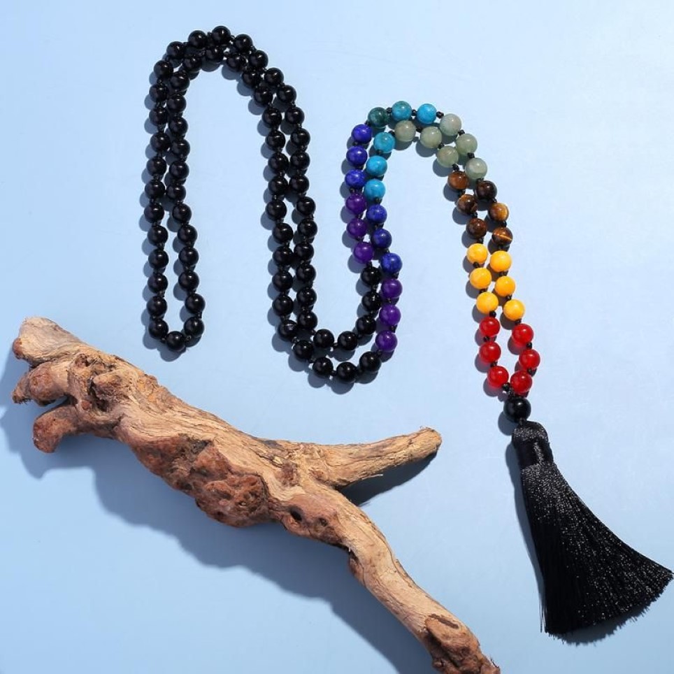 Showboho 108 Mala Perles 7 Chakra Collier 8mm Noir Onyx Noué Méditation Yoga Prière Rosaire Pour Hommes Et Femmes297v