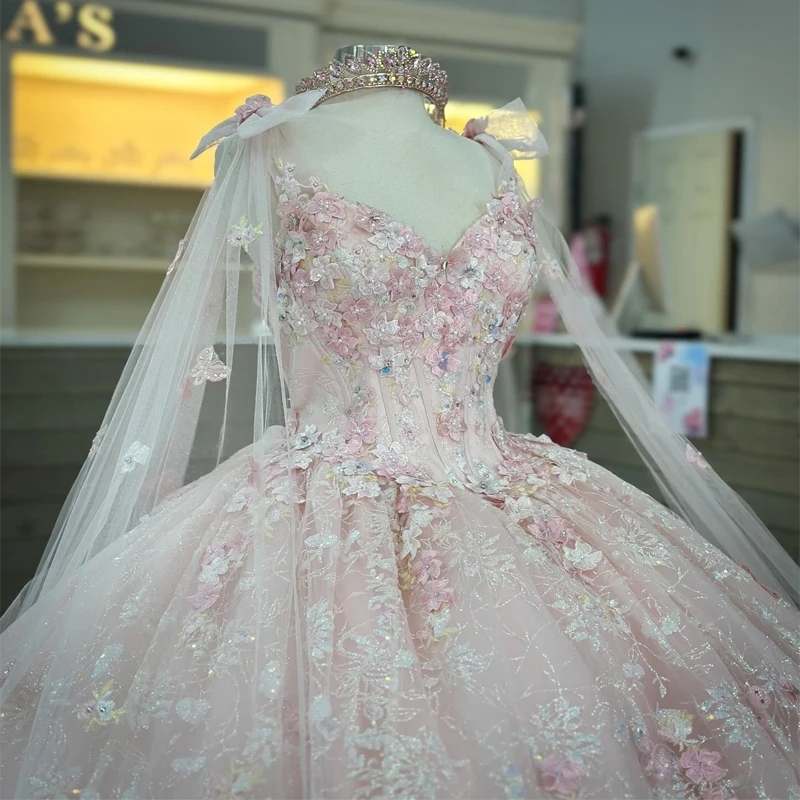 Pink Princess Sweetheart Ball Gown Quinceanera Dress With Cape Beaded Appliques 3DFlower Tull Party Gowns Vestidos De 15 Anos