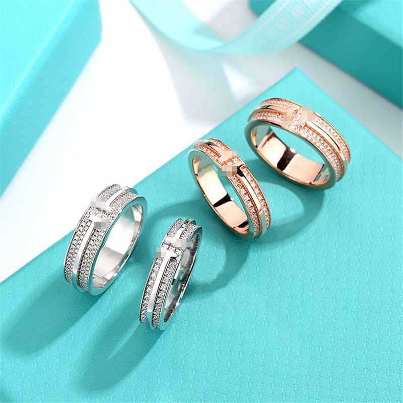 Designer original Classic Tiffays S925 Sterling Silver Set with Diamond Full Gold Plated Double T Ring for Men and Women as a Gift Exquisite High Edition