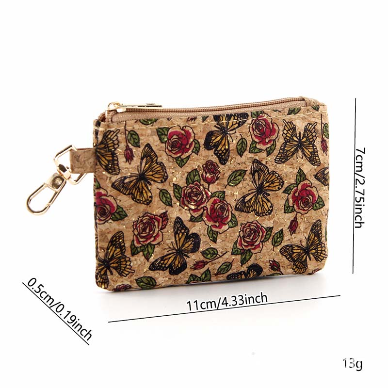 Porte-monnaie en liège avec impression florale et papillon, sac portable à ligne d'oreille courte avec porte-clés, dhl 500 pièces