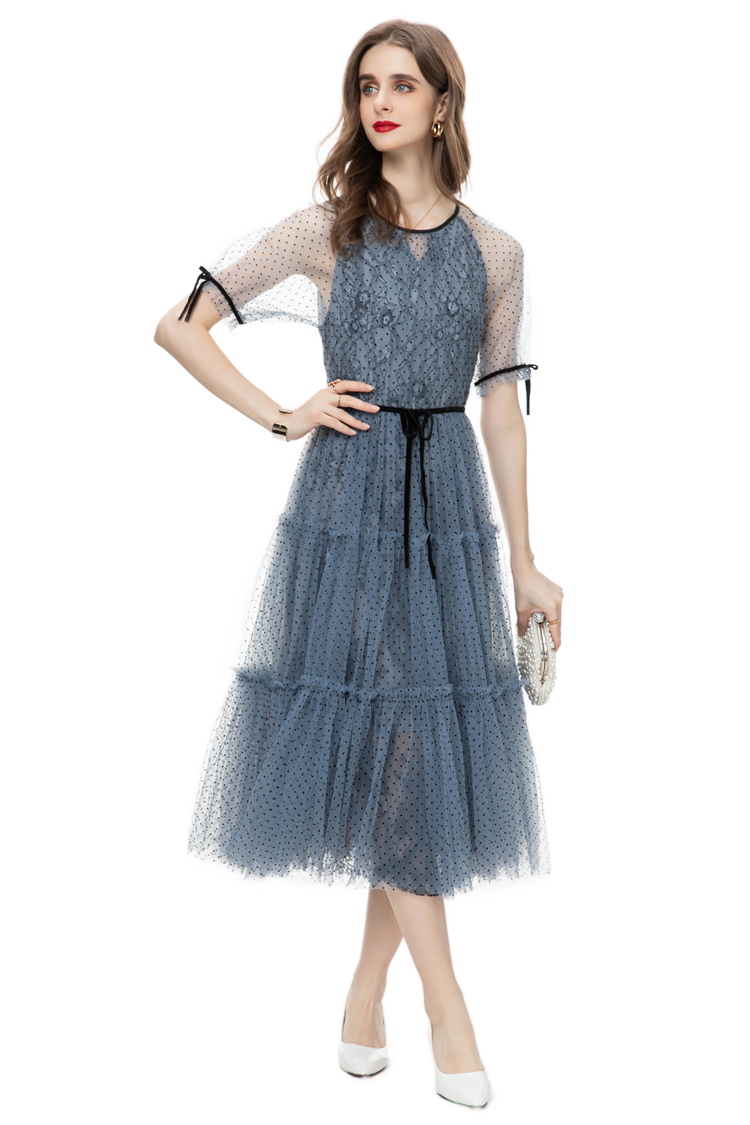 Women's Runway Dresses O Neck Short Sleeves Dots Printed Lace Layer Elegant Fashion Mid Vestidos