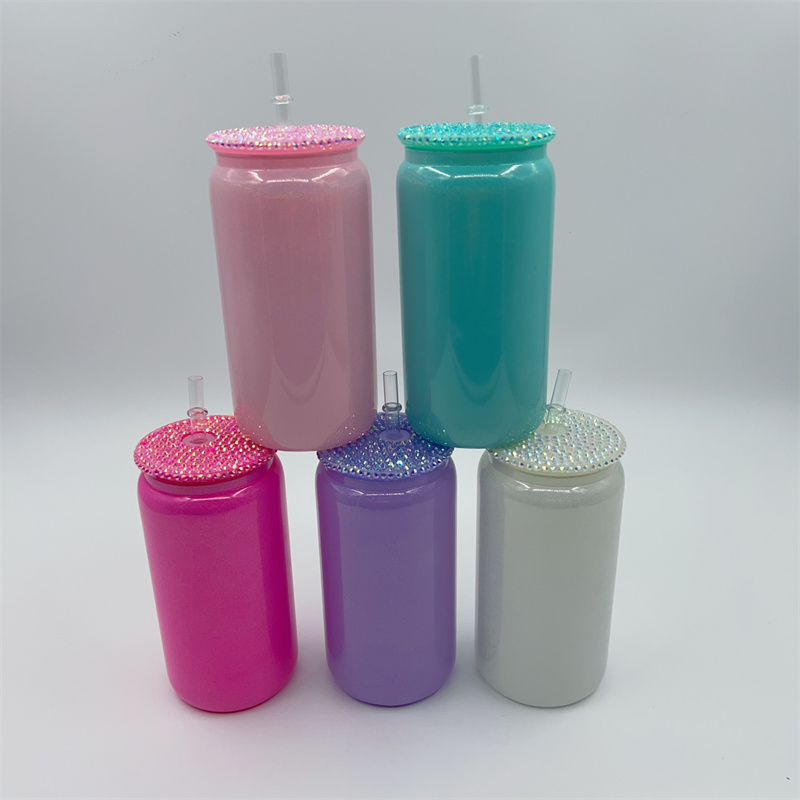 16oz Glitter Sublimation Glass Cups With Diamond Lids Shimmer Rainbow Mason Tumbler Juice Jar Iced Beverage Drinking Beer Soda Can Glasses Cup Coffee Mugs With Straw