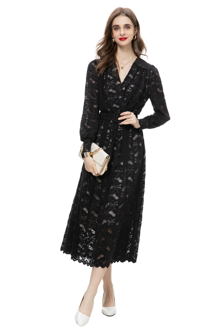 Women's Runway Dresses Sexy V Neck Long Sleeves Embroidery Lace Fashion High Street Mid Vestidos