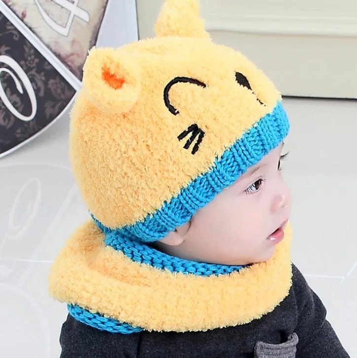 Winter Baby Hat and Scarf Cute 3D Cat Crochet Knitted Caps for Infant Boys Girls Children Kids Neck Warmer