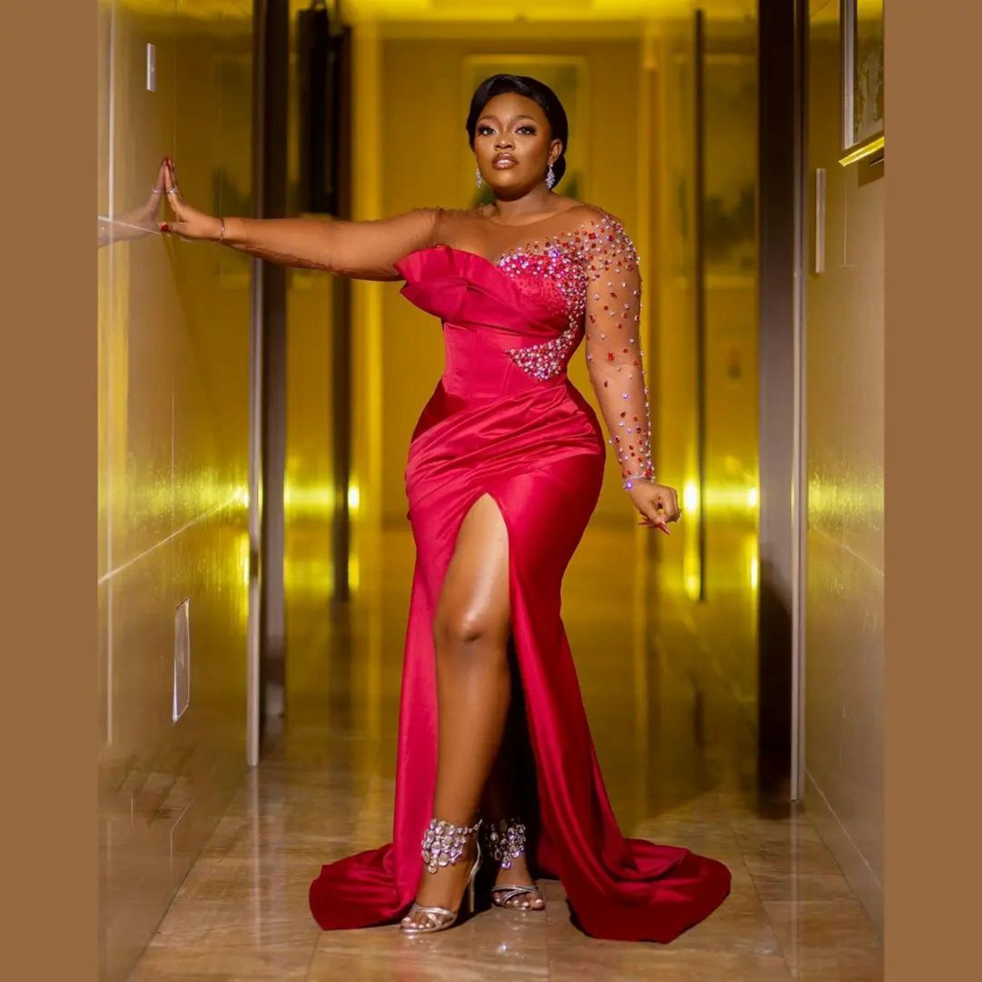African Nigeria Plus Size Prom Dresses Long Evening Dresses Elegant Long Sleeves Illusion Mermaid Beaded High Split Evening Gowns for Black Women Birthday NL567