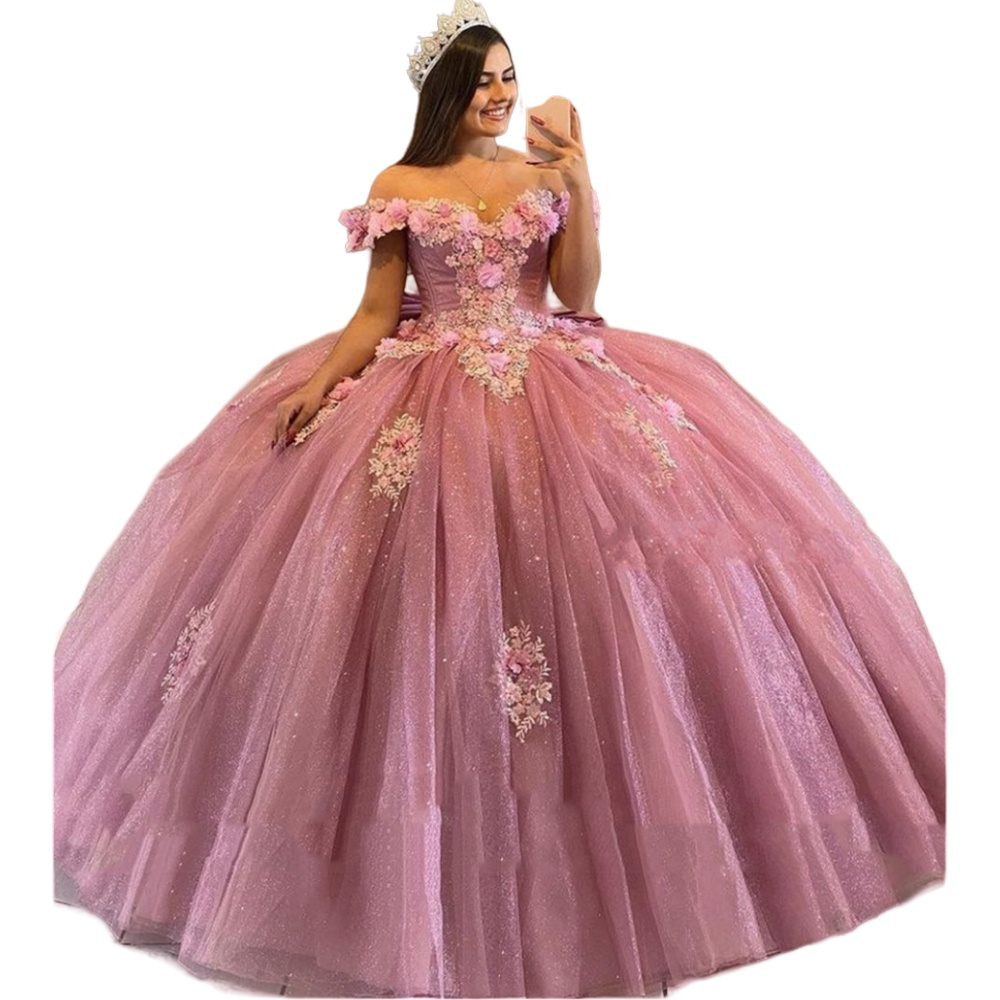 2024 robe de bal Quinceanera robes de mariée poussiéreux rose épaule dentelle appliques perles de cristal fleurs faites à la main douce 16 robe robes de soirée