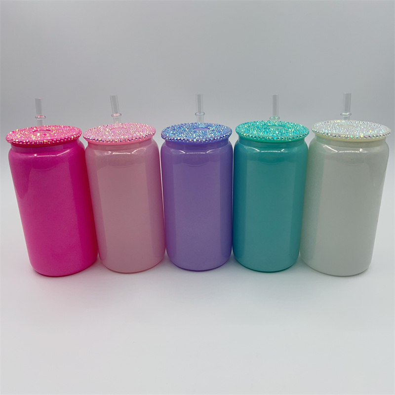 16oz holografisk glitter sublimering av glas koppar med färgade bling lock skimmer regnbåge tumbler is juice burk dryck dricka öl kan glasögon kopp