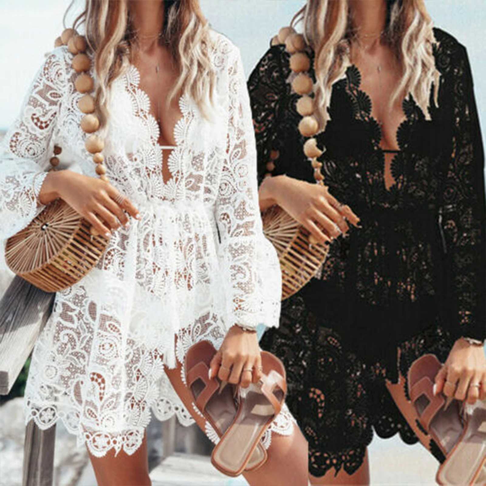 Swim wear Lace Bikini Cover Up Knit Crochet Floral Sexy Bathing Swimwear See-Through V-Neck Túnica Vestido Beachwear Mulheres Robe Outfit Quente 240229