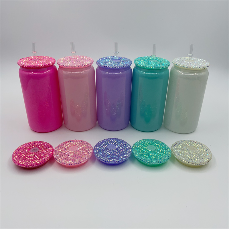 Copos de vidro de sublimação de glitter de 16 onças com tampas de diamante Shimmer Rainbow Mason Tumbler Frasco de suco Bebida gelada Beber cerveja Lata de refrigerante Copos Copos Canecas de café com canudo