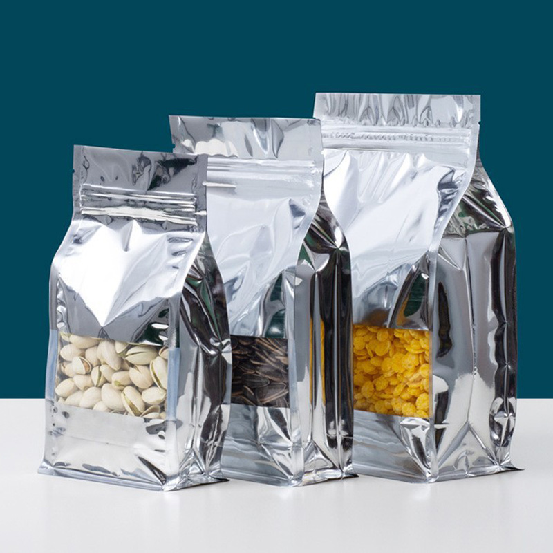 Bolsa de ventana de papel de aluminio plateado, bolsas holográficas resellables para galletas, azúcar, granos de café, aperitivos y nueces, bolsas de embalaje para regalos LX6369