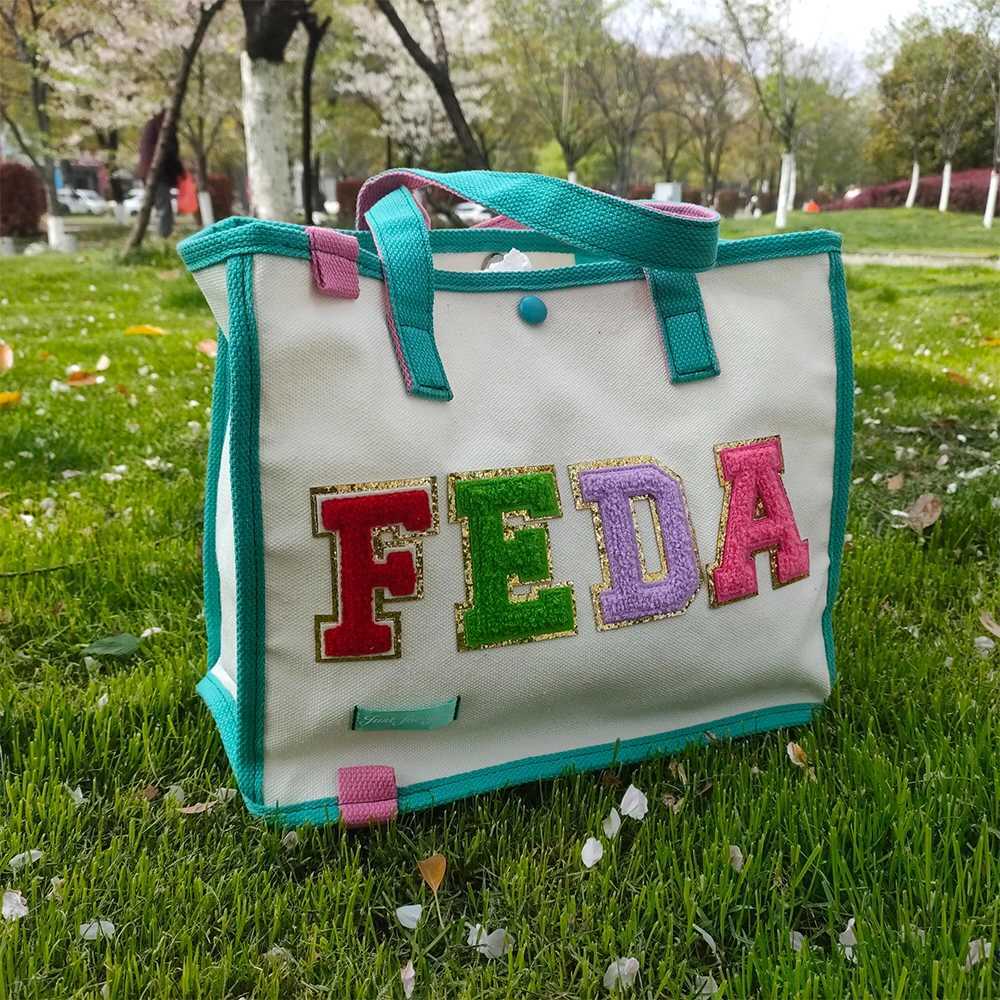 Evening Bags Personalized Chenille Embroidered Cotton Canvas Handbag - Up to 6 Layers - Shopping Bag Top Button Closed Custom Name J240301