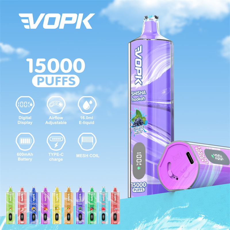 오리지널 vopk shisha hookah 15k 15000 퍼프 e 담배 키트 일회용 전자 담배 대용량 vape 충전식 메쉬 코일 10 맛 2% 스마트 화면