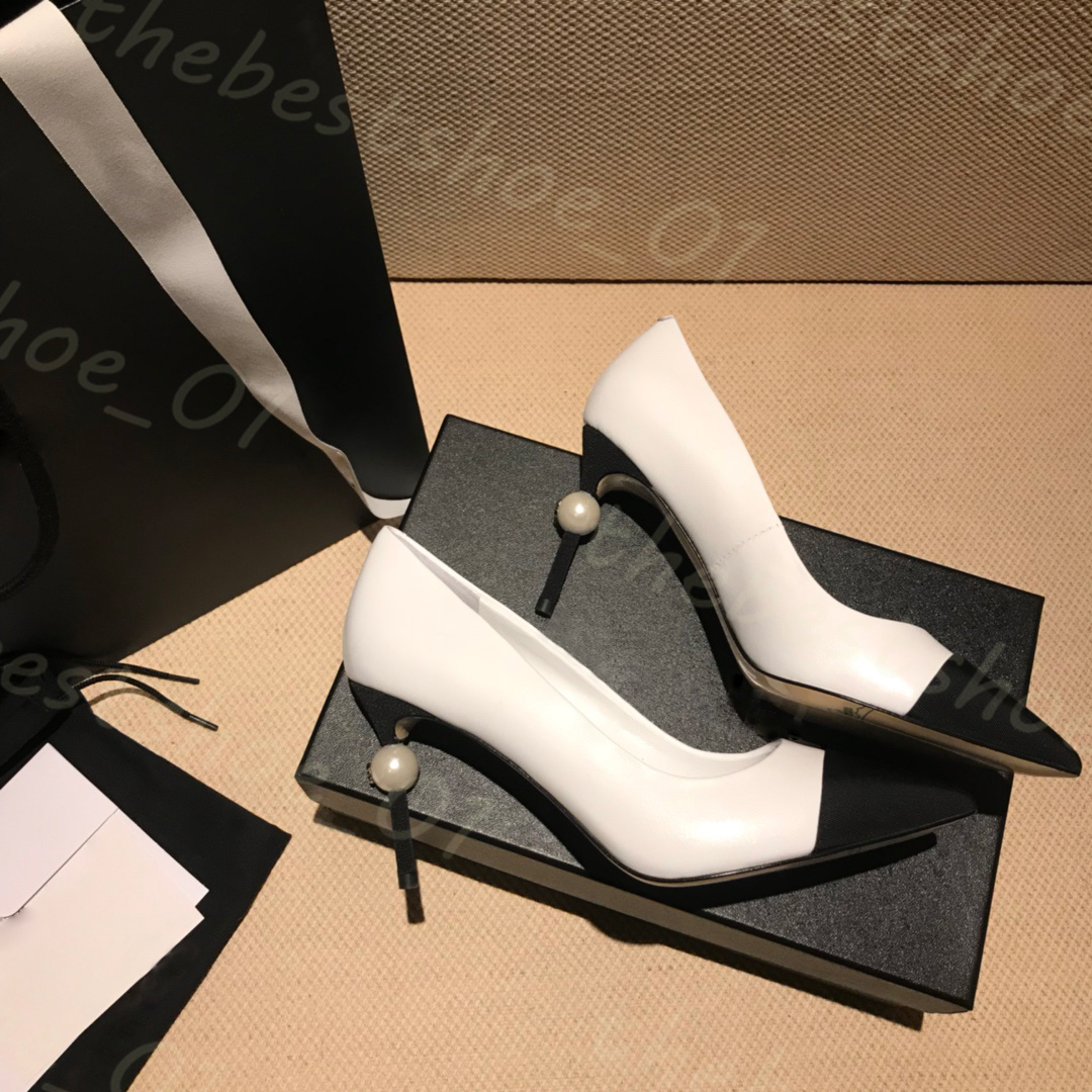Designer Women Goatskin Grosgrain Pumps Genuine Leather Pearl High Heels OL Dress Shoes Lady Beige White Black Single Shoes