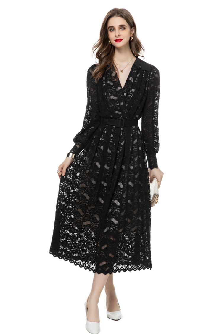 Women's Runway Dresses Sexy V Neck Long Sleeves Embroidery Lace Fashion High Street Mid Vestidos