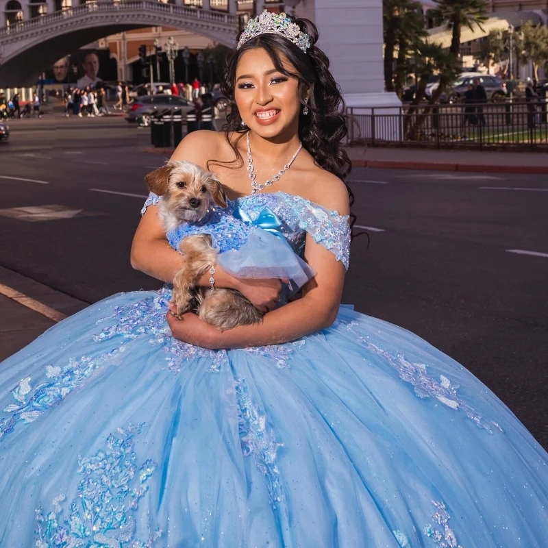 Sky Blue Shiny Quinceanera Dress Off the Shoulder Ball Gown Appliques Lace Beading Tull Mexico Sweet 16 Vestido 15 De XV Anos 2024