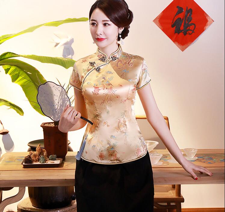 Nieuwe Collectie Chinese Stijl Vrouwen Vintage Satijnen Shirts Borduur Bloem Korte Mouw Tops Lente Zomer Dames Slanke Blouses Jurk Maat S-4XL