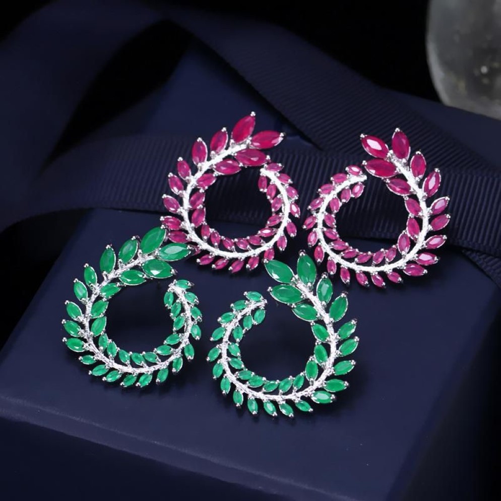 Dangle Lustre Coloré Zircon Cubique Branche D'olivier Feuilles Boucles D'oreilles Pour Les Femmes Desginer Tendance Bijoux De Mariage Déclaration D'été2811