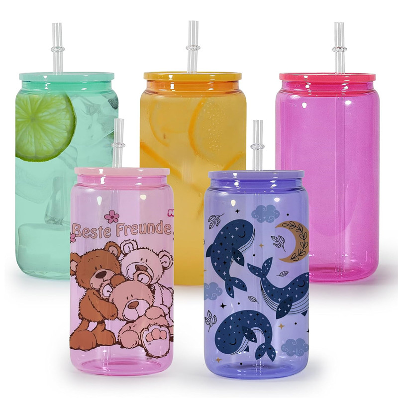 Coloré 16oz Sublimation Blanks Tasses en verre Tumbler Jus Mason Jar Boissons glacées Soda Boissons Canette de bière Tasses en verre Tasses à café avec couvercles en plastique Pailles