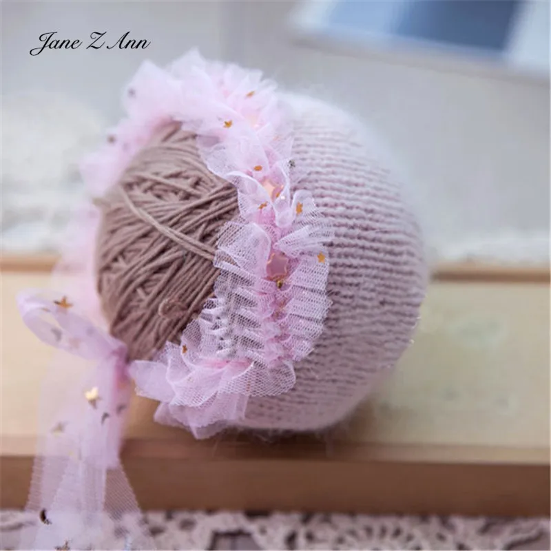 Sets Star lace mink hat newborn photography props hat baby 100 days children photo studio handmade knitted hats