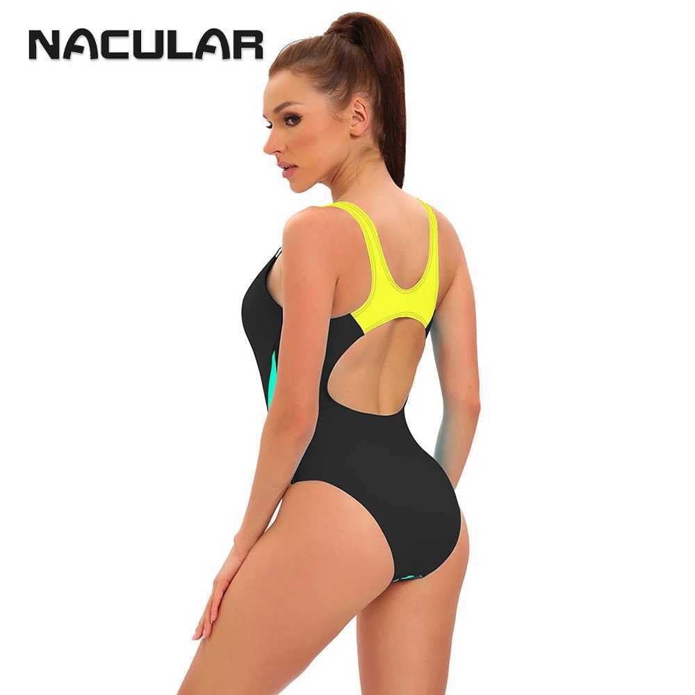 Swim wear NACULAR One Piece Women Swimwear Swimsuit Bathing Suit Patchwork Female Beachwear Bodysuit Backless Plus Size Sports 2024 New 240229