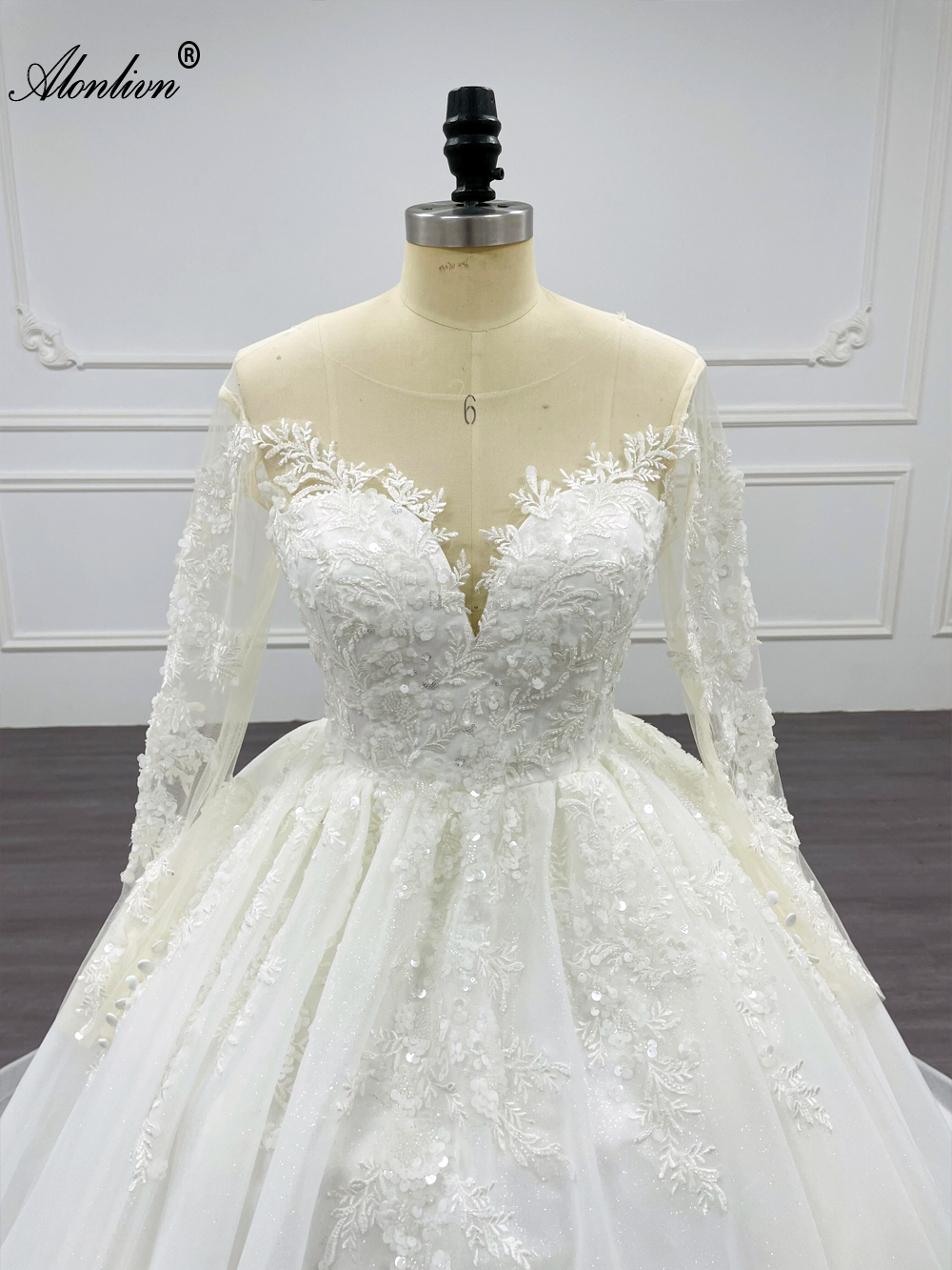 Alonlivn Chic Illusion col en V manches longues robe de mariée robe de mariée perles paillettes dentelle brillante tribunal train robes de mariée peuvent être personnalisées