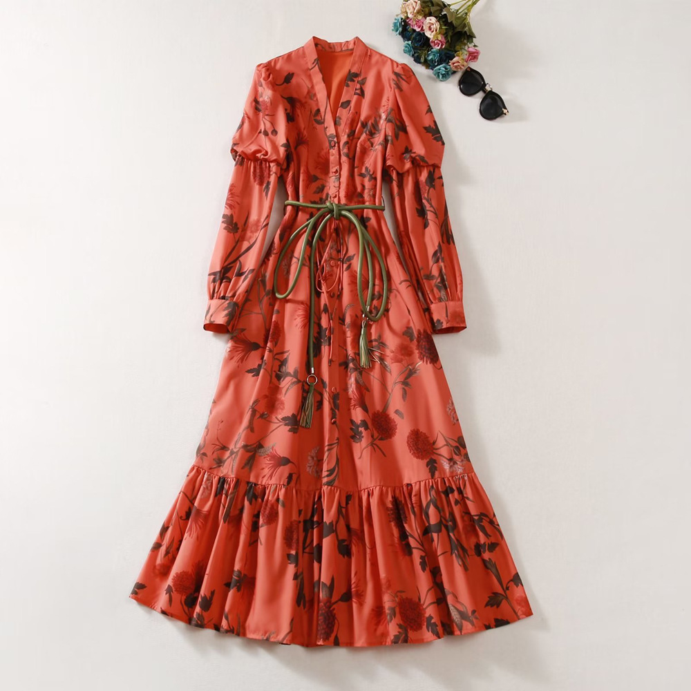 2024 Spring Summer Floral Print Women's Dress V-Neck Zipper Long-Sleeve Woman's Casual Long Dresses AS053