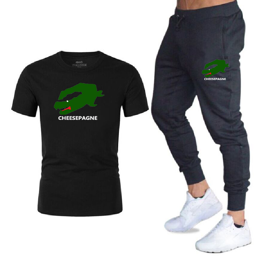 Новый летний мужской комплект, хлопковая футболка, топ с короткими рукавами, черные повседневные брюки, комплект из двух предметов, модный удобный комплект одежды