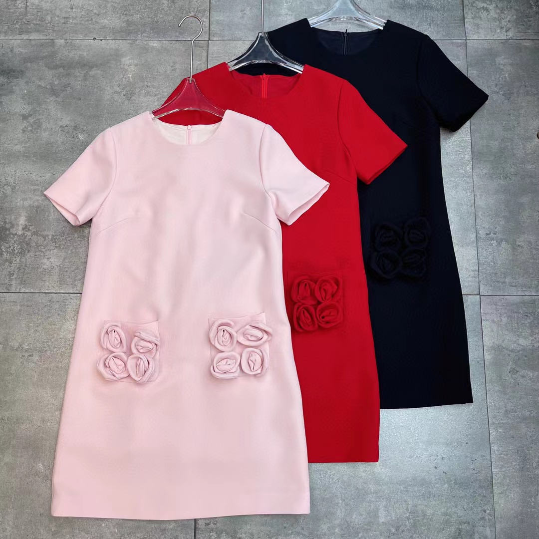 Milan Runway Dress 2024 Collar Neck Pink/Red/Black/White Short Sleeves Slim Embroidery Pocket Long Dresses Holiday Vestidos De Festa 3012