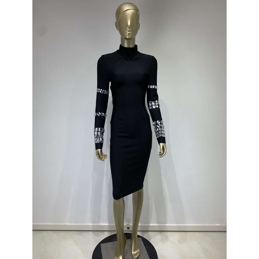 Autumn and Winter New High Collar Diamond Long Sleeve Bandage Fashion Tight Party Dress