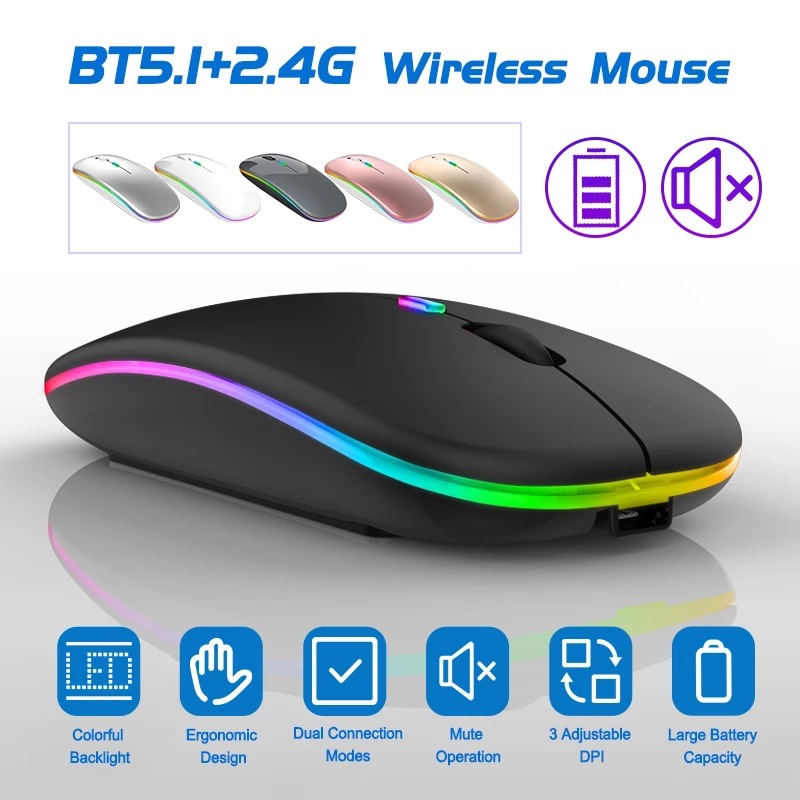 Souris Bluetooth sans fil rechargeable avec récepteur 2.4G 7 couleurs rétro-éclairage LED souris silencieuse souris de jeu optique USB pour ordinateur de bureau ordinateur portable jeu PC