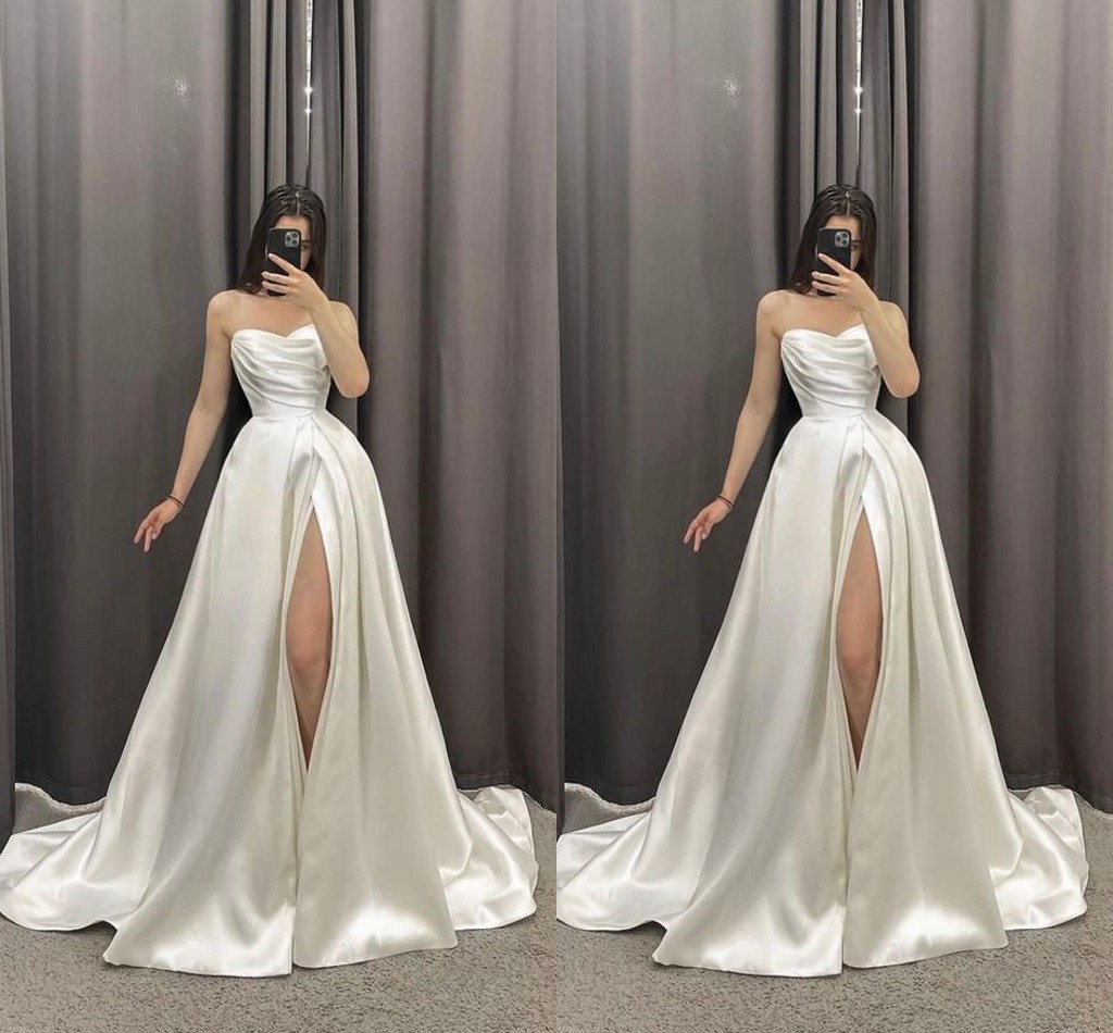 Robe de mariée élégante et simple, style bohémien, grande taille, ligne A, pour femme, en satin, avec fente sur le devant, avec train de balayage, robe de deuxième réception pour mariage, personnalisée