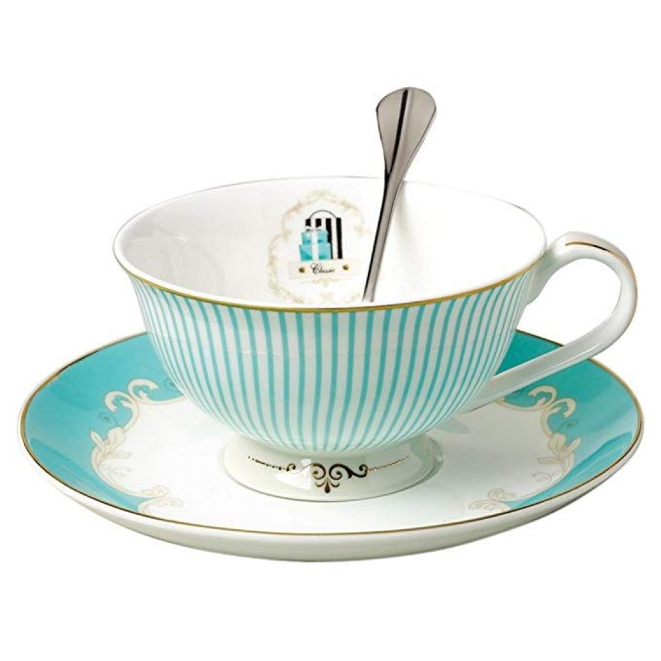 Tazze da tè vintage Royal Bone China, caffè, latte, tazza da tè, piattino e cucchiaio, set blu in scatola regalo 7-Oz293E