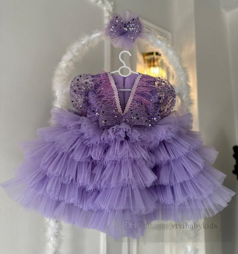 Mädchen Pailletten Perlen V-Ausschnitt Prinzessin Kleider Ballkleid Kinder Klavier Show Performance Kleidung Kinder abgestufte Spitze Gaze Kuchen Kleid Z6922