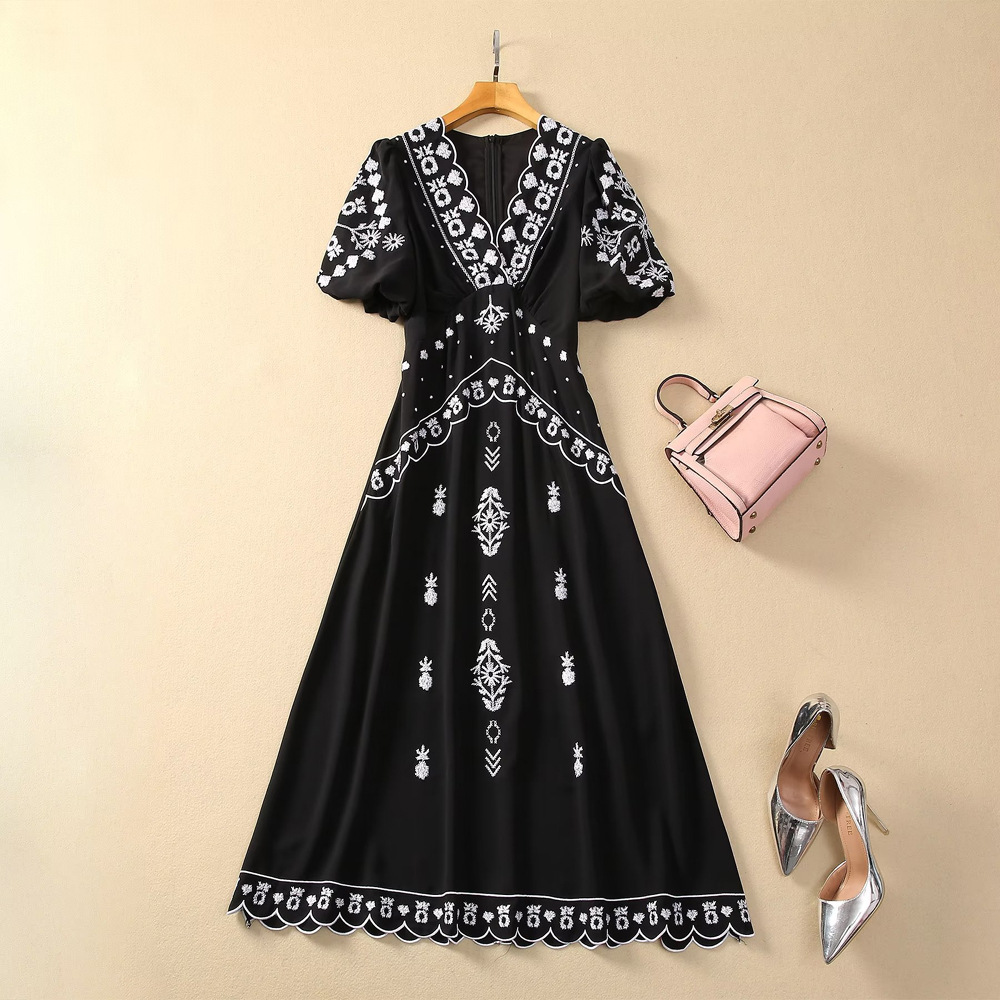 2024 Spring Summer Embroidery Floral Print Women's Dress V-Neck Zipper Short-Sleeve Woman's Casual Long Dresses AS052