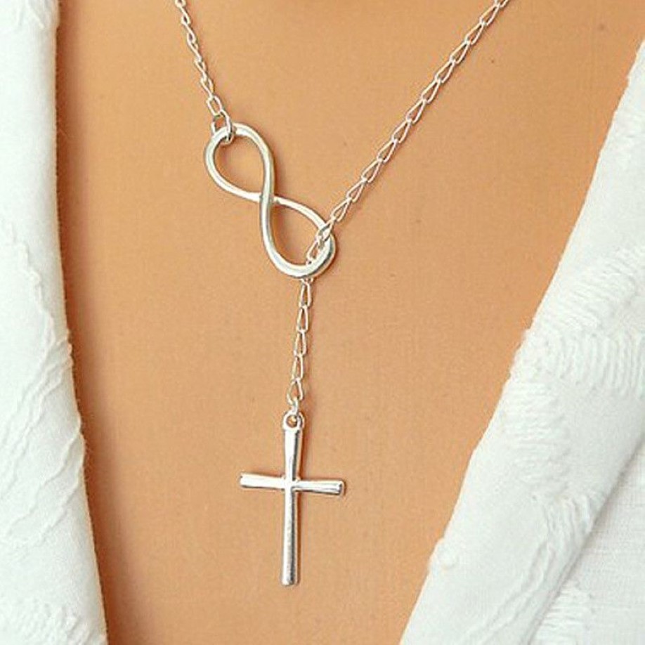 Whole-N606 Personality Infinity Cross Lariat Pendant Necklaces Silver Plated European Collares Necklace Forever Faith Necklace189j