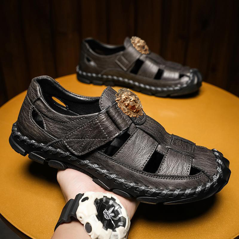 New luxury leisure baotou leather hole lazy man slip-on men's beach shoes Brand Luxury Slippers T48