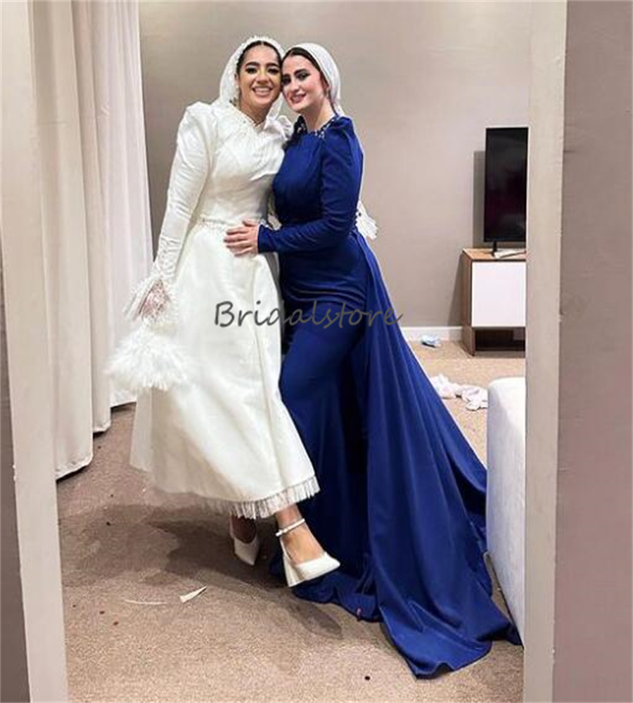 Royal Blue Arab Dubai Evening Dress With Overskirt Train Elegant Mermaid Muslim Prom Dress Beaded Long Sleeve Formal Party Gown Robe De Soiree 2024 Vestios De Fiesta