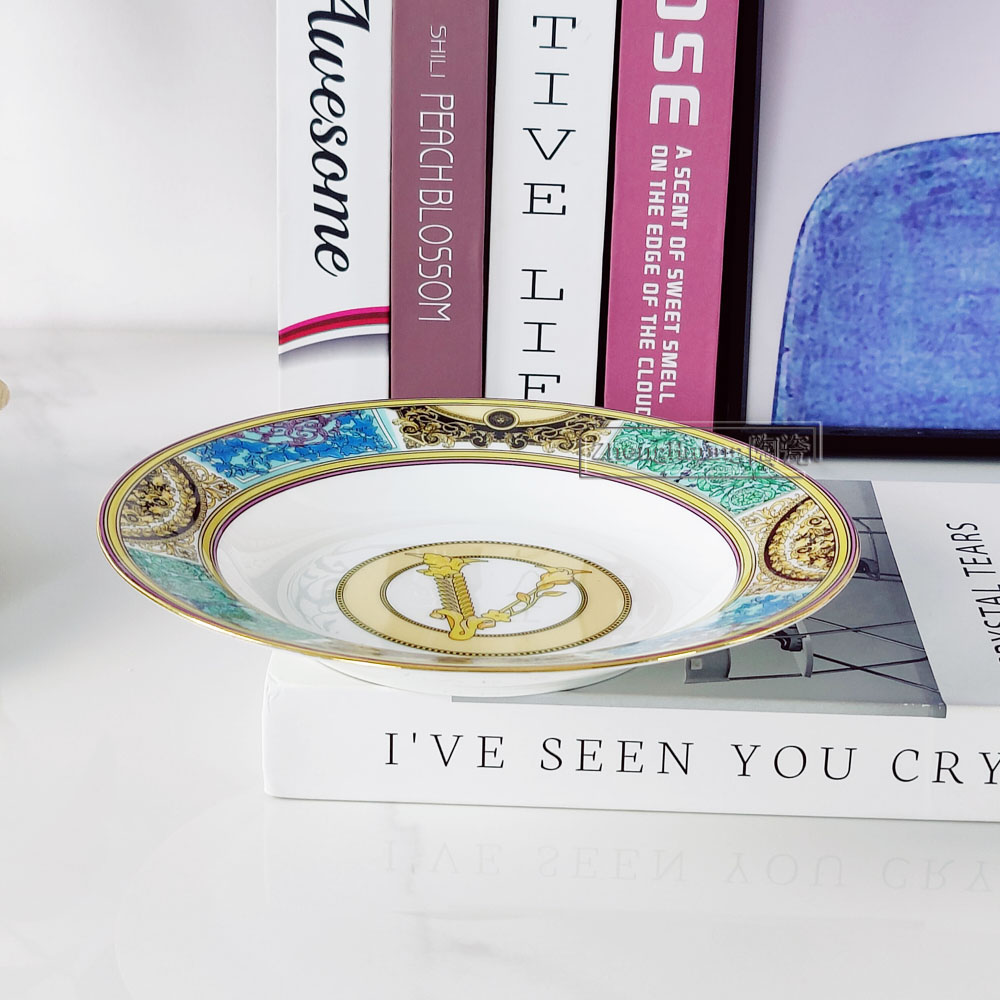 Costume d'assiette ronde en céramique de style européen, plats en porcelaine, assiette à gâteau aux fruits et à salade, décoration de vaisselle domestique avec boîte-cadeau