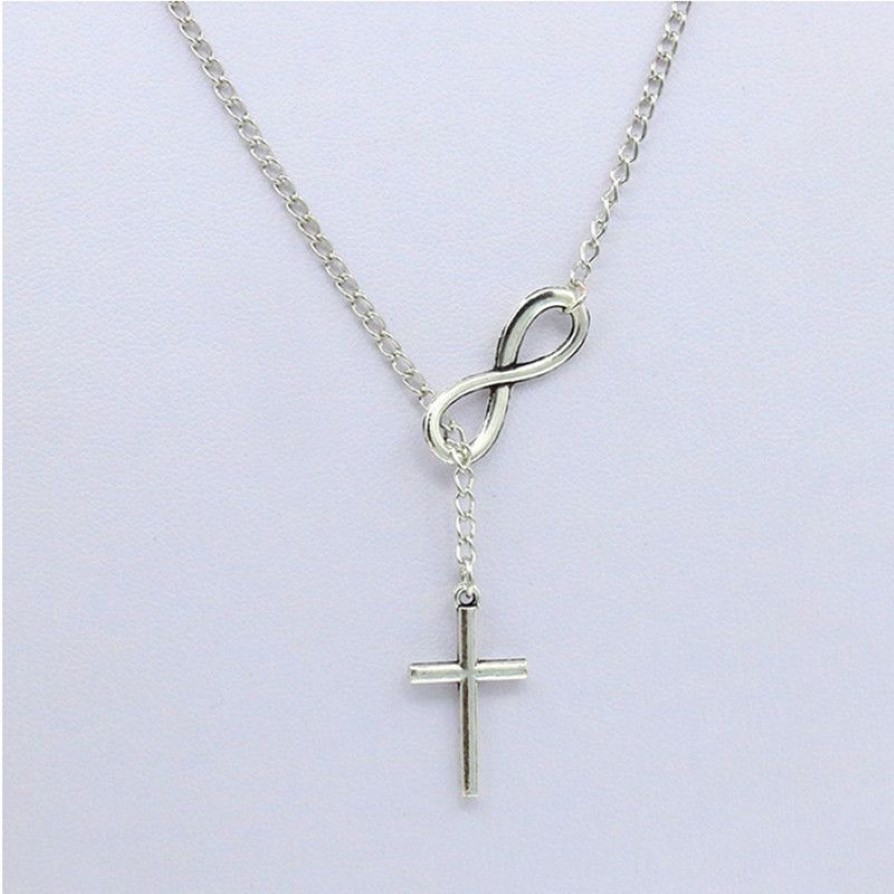 Whole-N606 Personality Infinity Cross Lariat Pendant Necklaces Silver Plated European Collares Necklace Forever Faith Necklace189j