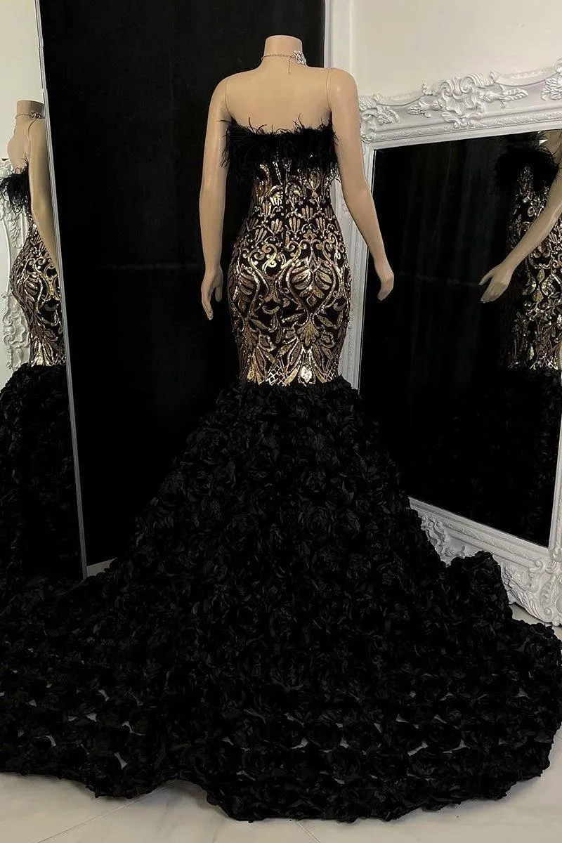 Deep Purple Cascading Lace Flowers Feather prom Dresess Sexy Mermaid Strapless Backless Black Evening Gowns Formal BC18277