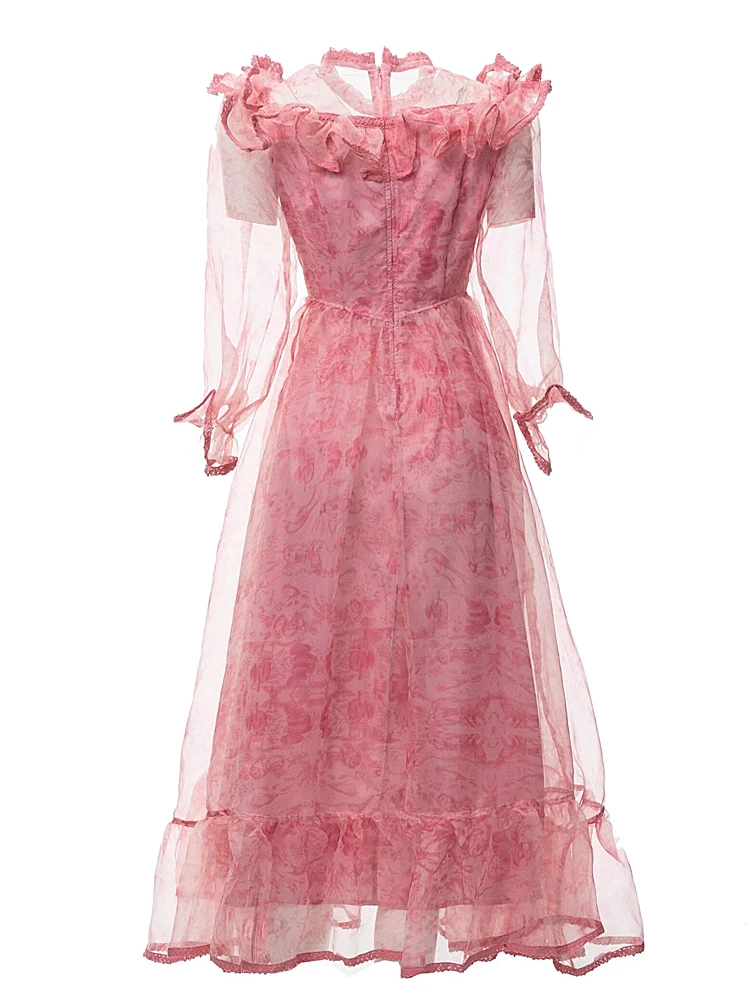 Robes de luxe femmes printemps été haute qualité mode fête rose imprimé à volants décontracté jolie classique transparente robe mi-longue