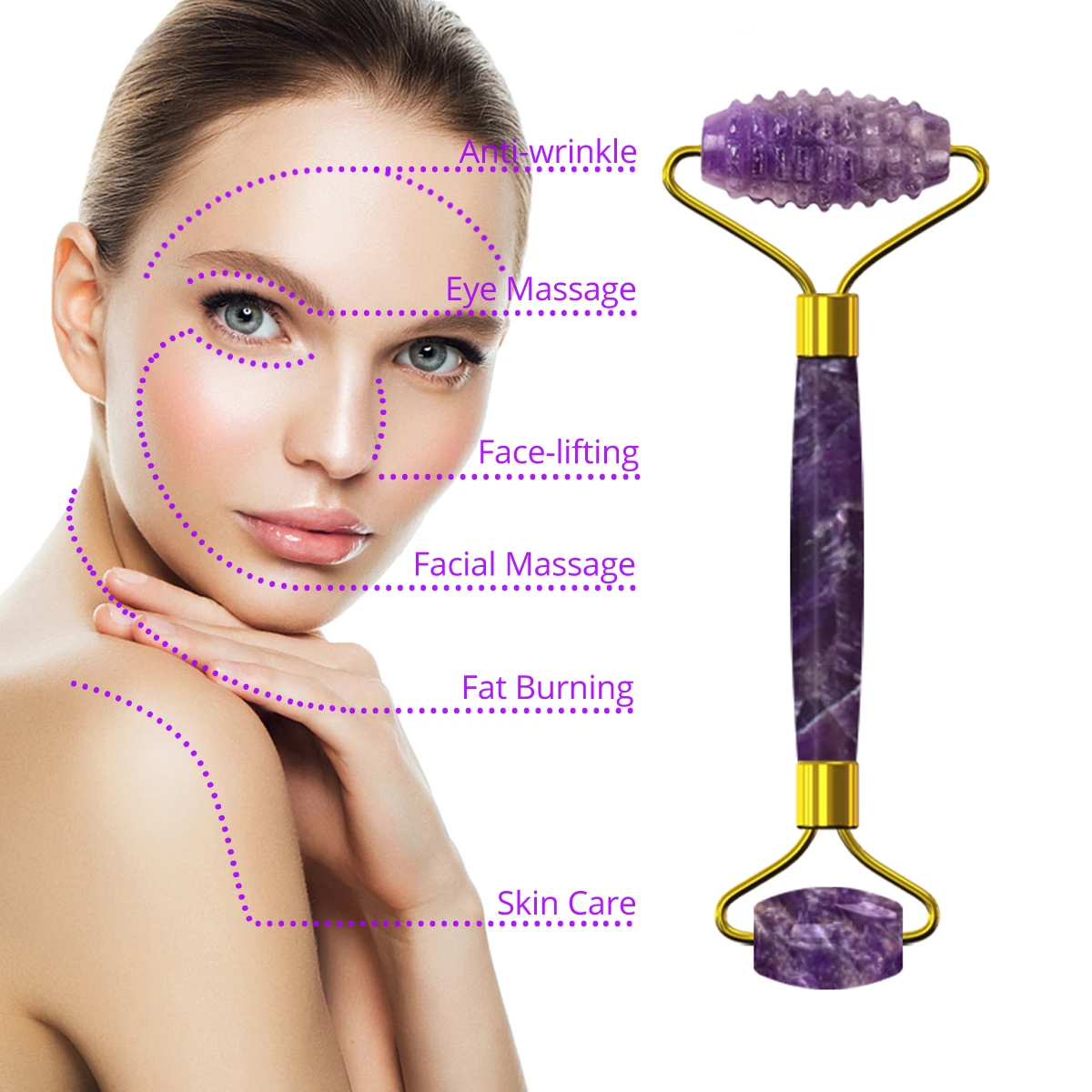 Masseur Amethyst Face Massage Rouleau Gouache Scraper Set pour massage facial Natural Purple Crystal Gua Sha Boîte à outils de soins de la peau